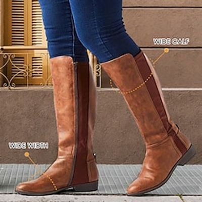 Women's Boots Biker boots Wide Calf Boots Plus Size Outdoor Daily Knee High Boots Flat Heel Round Toe Elegant Vacation Vintage PU Black Brown Khaki miniinthebox