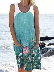 Fashion Printed Button Sleeveless Beach Short Dress