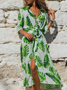 Belted Tropical Slit Hem Lace-up Design V-neck Long Sleeves Dress