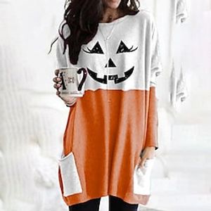 Women's T shirt Tee Graphic Halloween Casual Weekend T shirt Tee Long Sleeve Cold Shoulder Print Round Neck Basic Gray Orange Red S / 3D Print miniinthebox