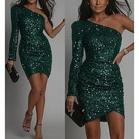 Women's Sequin Dress Mini Dress Black Dark Green Dark Gray Long Sleeve Plain Ruched Summer Spring Fall One Shoulder Crossover Wedding Guest S M L XL Lightinthebox - thumbnail