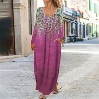 Women's Shift Dress Maxi long Dress Green Blue Purple Fuchsia Light Blue Long Sleeve Floral Color Gradient Pocket Print Fall Spring V Neck Casual 2022 XS S M L XL XXL 3XL 4XL 5XL 6XL Lightinthebox - thumbnail