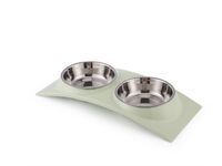 Double Dining Pet Feedrer With Stainless Steel Bowl & Non Slip Rubber Bottom green For Cats And Dogs - 38.5X16.7X5cm