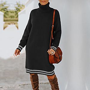 Women's Sweater Jumper Dress Knee Length Dress Royal Blue Black Beige Long Sleeve Striped Embroidered Fall Winter Turtleneck Elegant 2021 S M L XL miniinthebox