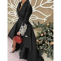 A-Line Evening Gown Elegant Dress Formal Sweep  Brush Train Black Dress Long Sleeve Shirt Collar Satin with Pleats Tassel 2023 Lightinthebox - thumbnail