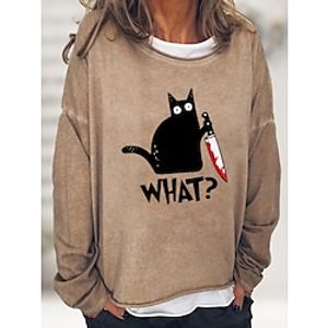 Women's Pullover Cat Letter Print Crew Neck Halloween Casual Daily Hot Stamping Basic Casual Hoodies Sweatshirts  Loose Green Black Khaki miniinthebox