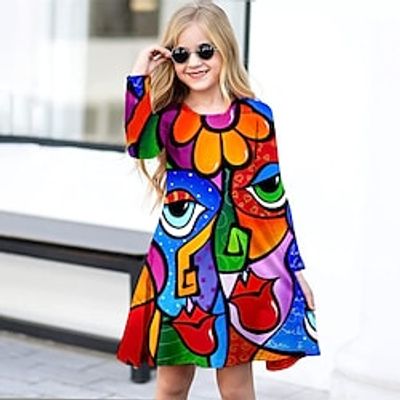 Kids Little Girls' Dress Graphic A Line Dress Daily Holiday Vacation Print Rainbow Above Knee Long Sleeve Casual Cute Sweet Dresses Fall Winter Regular Fit 3-12 Years Lightinthebox