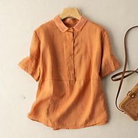 Women's Plus Size Tops Blouse Shirt Plain Button Short Sleeve Shirt Collar Streetwear Fall Summer Blue Purple Yellow Big Size L XL XXL 3XL 4XL Lightinthebox - thumbnail