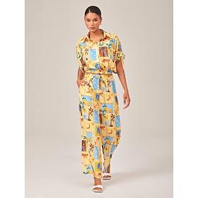 Tropical Collage Elastic Hem Shirt Wide leg Pants Set