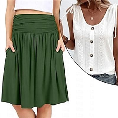Women's Matching Sets Vest Top A Line Skirt Outfit 2pcs Streetwear Basic Plain Causal Sleeveless Summer Spring U Neck Pocket 2 Piece Lightinthebox