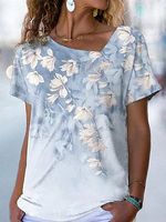 Casual Floral Print V-Neck Short Sleeve T-Shirt