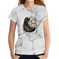 Women's 3D Cat T shirt Cat Graphic 3D Print Round Neck Basic Tops White miniinthebox - thumbnail