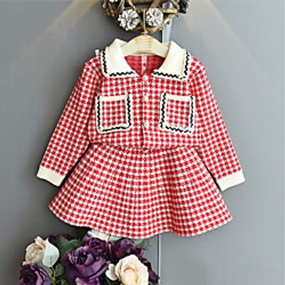 Kids Girls' Shirt  Skirt Clothing Set 2 Pieces Long Sleeve Red Plaid Print Indoor Outdoor Casual Daily Regular Above Knee 2-6 Years Lightinthebox