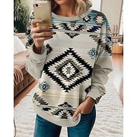 Women's Sweatshirt Pullover Ethnic White Red Blue Tribal Casual Sports Round Neck Long Sleeve Top Micro-elastic Fall  Winter Lightinthebox - thumbnail