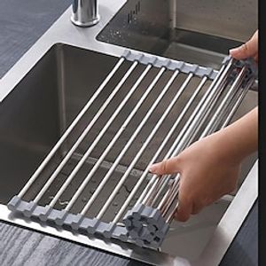 Roll Up Dish Rack, Stainless Steel Drying Drainer Over The Kitchen Sink, Foldable Rolling Rack Grey for Dishes Cups Fruits Forks miniinthebox