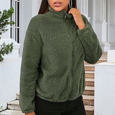 Women's Sherpa Jacket Windproof Warm Street Sport Daily Wear Vacation Zipper with Pockets Zipper Stand Collar Fashion Daily Plush Street Style Solid Color Regular Fit Outerwear Long Sleeve Fall Winter Lightinthebox
