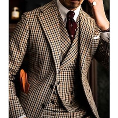 Khaki Men's Plaid Checkered Wedding Suits 3 Piece Tailored Fit Single Breasted Two-buttons 2023 Lightinthebox