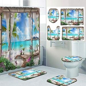 Bathroom Deco 4 Pcs Shower Curtain Set Bathroom Sets Modern Home Bathroom Decor with Bath Mat U Shape and Toilet Lid Cover Mat and 12 Hooks miniinthebox