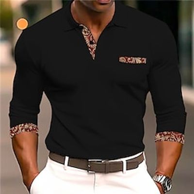 Floral Men's Casual Print 3D Cable Knit Polo Golf Polo Outdoor Casual Daily Streetwear Polyester Long Sleeve Turndown Polo Shirts Black Wine Spring  Summer S M L Micro-elastic Lapel Polo Lightinthebox
