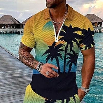 Palm Tree Men's Casual Print 3D Zip Polo Golf Polo Outdoor Daily Wear Streetwear Polyester Short Sleeve Turndown Zip Polo Shirts Yellow Blue Spring  Summer S M L Micro-elastic Lapel Polo Lightinthebox