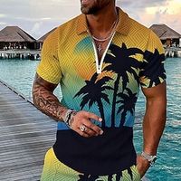 Palm Tree Men's Casual Print 3D Zip Polo Golf Polo Outdoor Daily Wear Streetwear Polyester Short Sleeve Turndown Zip Polo Shirts Yellow Blue Spring  Summer S M L Micro-elastic Lapel Polo Lightinthebox - thumbnail
