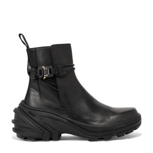 Rollercoaster-buckle leather and rubber boots
