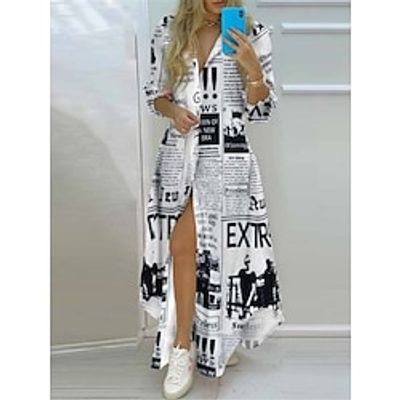 Women's Shirt Dress Casual Dress Letter Print Button Shirt Collar Long Dress Maxi Dress Streetwear Maxi Street Holiday Long Sleeve Regular Fit Black Summer Spring S M L XL 2XL Lightinthebox