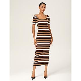 Coffee Striped Fitted Maxi Dress
