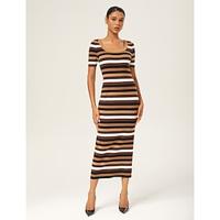 Coffee Striped Fitted Maxi Dress