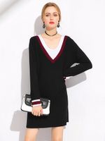 Contrast Color Knitted Long Sleeve Dress