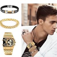 3pcs/set  Luxury Gold Hip Hop Bracelets Men's Quartz Watch Stainless Steel Sports Big Dial with Calendar Wristwatch Gift Set for Dad miniinthebox - thumbnail