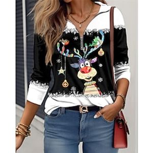 Women's T shirt Tee Christmas Shirt Reindeer Black Quarter Zip Print Long Sleeve Christmas Weekend Festival  Holiday V Neck Regular Fit Spring   Fall Lightinthebox