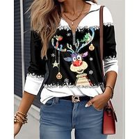 Women's T shirt Tee Christmas Shirt Reindeer Black Quarter Zip Print Long Sleeve Christmas Weekend Festival  Holiday V Neck Regular Fit Spring   Fall Lightinthebox - thumbnail
