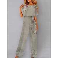 Women's Jumpsuit Drawstring Print Geometric Crew Neck Ordinary Daily Vacation Straight Loose Fit Short Sleeve T-shirt Sleeve Black Blue Light Grey S M L All Seasons Lightinthebox