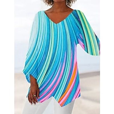 Women's Shirt Blue Purple Light Blue Graphic Abstract Asymmetric Print Long Sleeve Casual Weekend Streetwear V Neck Long S Lightinthebox
