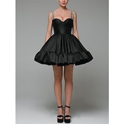 A-Line Evening Gown Party Dress Black Dress Formal Short  Mini Sleeveless Sweetheart Satin with Pleats Sequin 2023 Lightinthebox