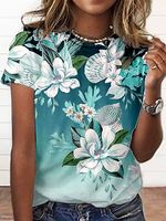 Round Neck Casual Loose Floral Print Short Sleeve T-Shirt