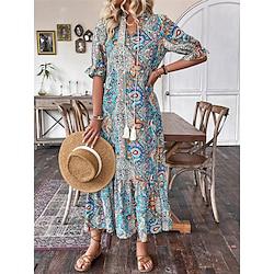 Women's Paisley Dress Casual Dress Paisley Ruffle Print V Neck Long Dress Maxi Dress Ethnic Tribal Street Holiday Half Sleeve Loose Fit Blue Summer Spring S M L XL 2XL Lightinthebox