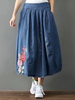 Women Flower Embroidery Denim Skirt