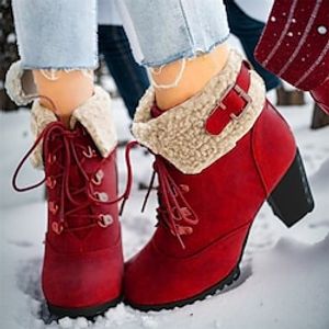 Women's Boots Xmas Shoes Plus Size Heel Boots Outdoor Christmas Daily Fleece Lined Booties Ankle Boots Chunky Heel Round Toe Vintage Fashion Cute Suede Lace-up Solid Color Dark Brown Black Red Lightinthebox