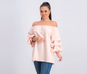 Womens Plain Bubble Sleeve Tops  Blush