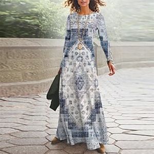 Women's Casual Dress A Line Dress Maxi long Dress Blue Light Blue Long Sleeve Geometric Color Block Pocket Print Fall Winter V Neck Vacation Vintage Casual 2022 S M L XL XXL 3XL miniinthebox