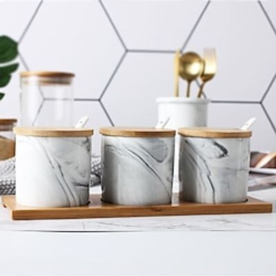 3PcsSet Spice Jar Nordic Marble Pattern Ceramic Salt Sugar Pepper Shaker Seasoning Box Kitchen Accessories Storage Bottle Rack Lightinthebox