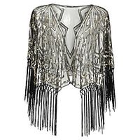 The Great Gatsby Vintage 1920s Cloak Party Costume Masquerade Women's Sequins Tassel Fringe Tulle Costume Golden / Green / Black / BlackGolden Vintage Cosplay Party Homecoming Prom / Shawl miniinthebox - thumbnail