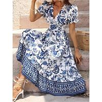 Women's Casual Dress Swing Dress Floral Print V Neck Midi Dress Streetwear A Line Street Holiday Short Sleeve Summer Lightinthebox