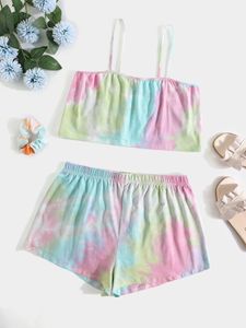 Plus Size Tie Dye Elastic Strap Backless Design Sleeveless Two Piece Outfit