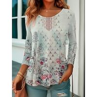 Women's T shirt Tee Pink Green Floral Print Long Sleeve Daily Weekend Fashion Round Neck Regular Fit Floral Painting Spring   Fall Lightinthebox - thumbnail