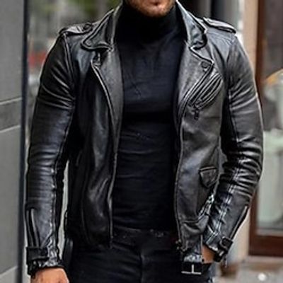 Men's Faux Leather Jacket Biker Jacket Motorcycle Jacket Outdoor Daily Wear Warm Pocket Fall Winter Plain Fashion Streetwear Lapel Regular Black Jacket Lightinthebox
