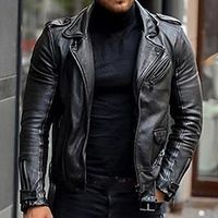 Men's Faux Leather Jacket Biker Jacket Motorcycle Jacket Outdoor Daily Wear Warm Pocket Fall Winter Plain Fashion Streetwear Lapel Regular Black Jacket Lightinthebox - thumbnail