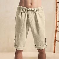 Men's Linen Shorts Summer Shorts Beach Shorts Drawstring Elastic Waist Plain Comfort Breathable Knee Length Holiday Vacation Beach Hawaiian Boho Black Khaki Lightinthebox